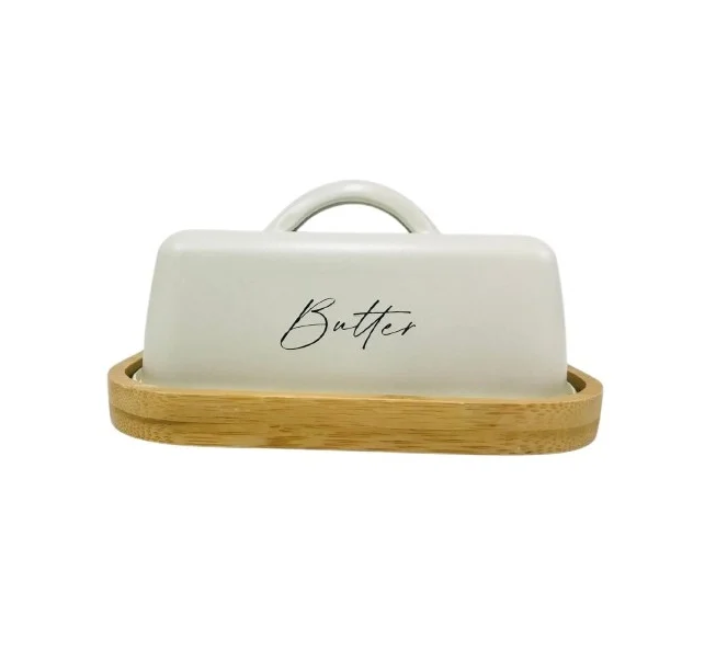 Manteigueira Metal e Bambu Off White